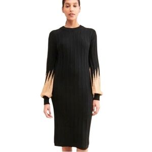 NWT Callahan Melli Black Wide Ribbed Knit Sweater Dress Gold Metallic Sleeves XS